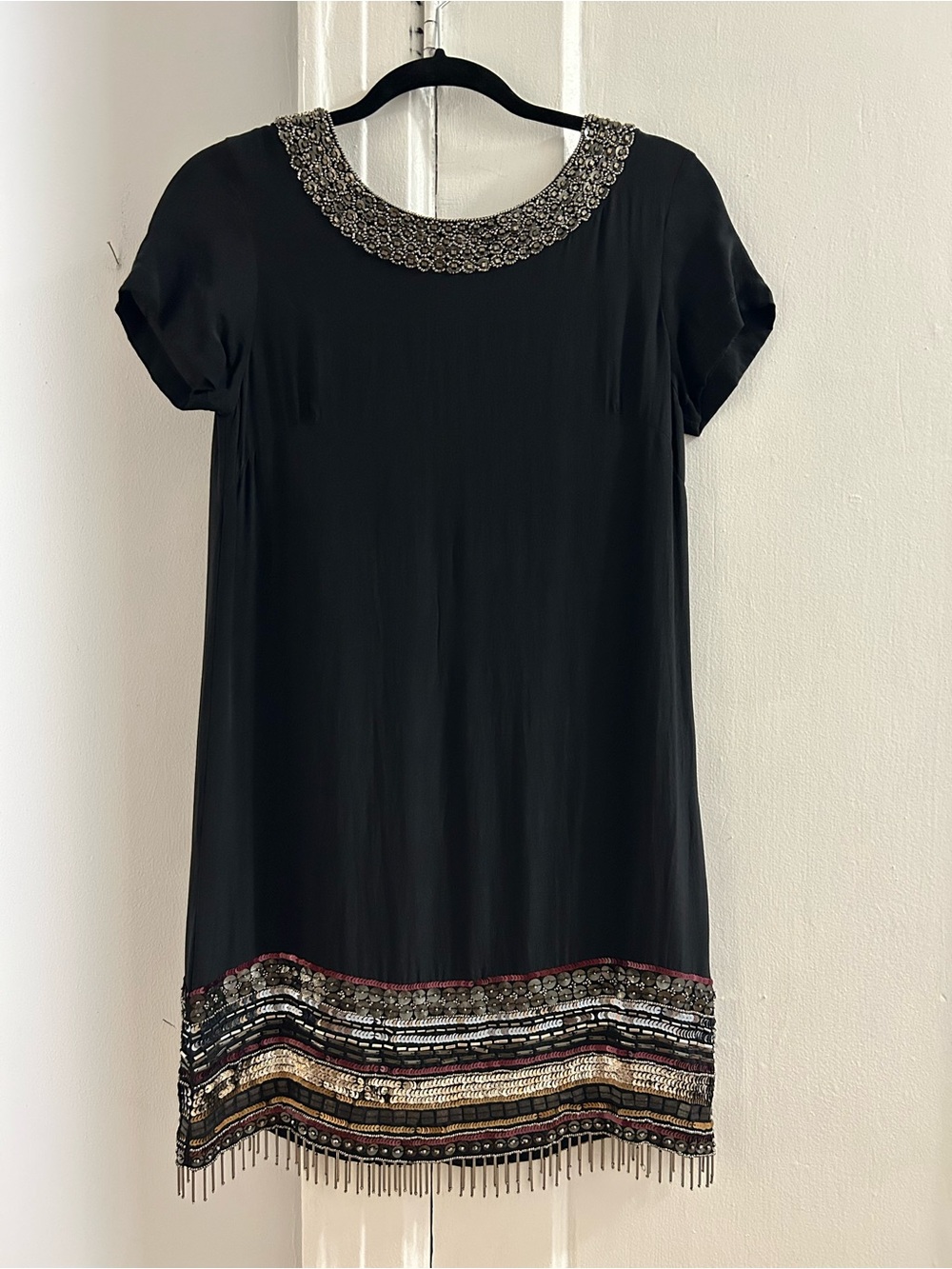Nicole Miller Black Midi Dress with Beaded Neckline and Hem